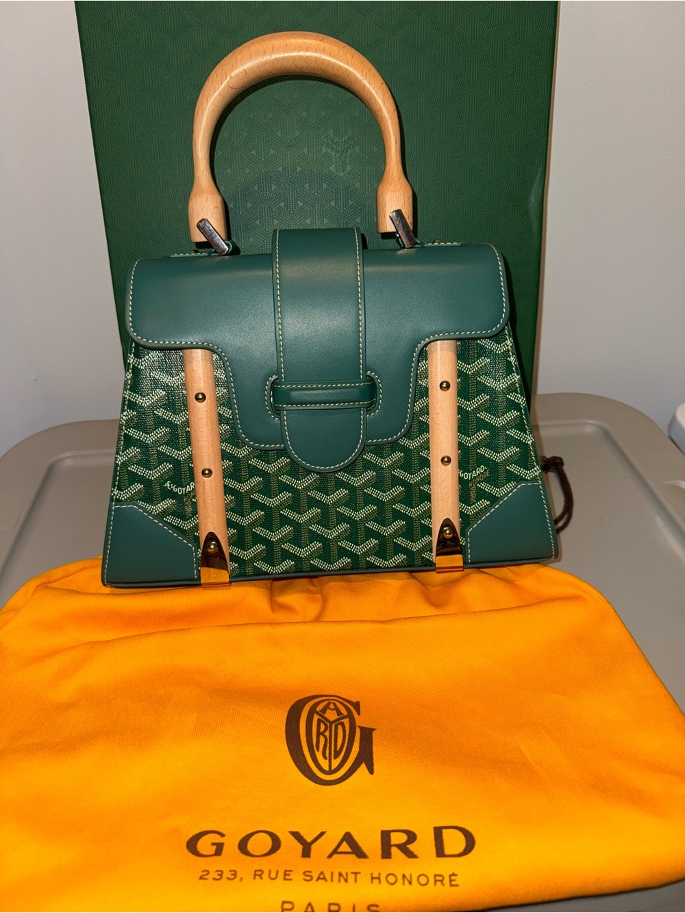 Green Goyard Saigon with wooden handle